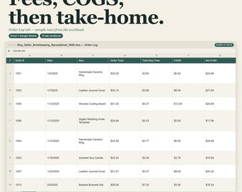 Etsy Seller Bookkeeping Spreadsheet | Fee Calculator Profit COGS Tax Tracker Excel Google Sheets