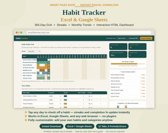 Habit Tracker Spreadsheet | Daily Weekly Routine Log Excel Google Sheets Instant Download