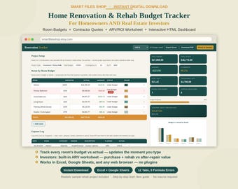Home Renovation Budget Spreadsheet | Contractor Quotes Remodel Log Excel Sheets