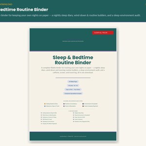 May include: A digital Sleep & Bedtime Routine Binder document featuring a dark green header and footer. The page includes the title, a description of the fillable tracker, lists of included sections, and a red button labeled Clear All Fields.