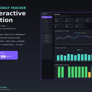 Puede incluir: ADHD Daily Tracker Interactive Edition, una verdadera aplicación web. Incluye un panel de control de estado de ánimo, sueño, medicamentos y enfoque, un rastreador de hábitos, 9 pestañas, gráficos, modo oscuro y opciones imprimibles.