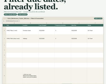 Home Maintenance Tracker Spreadsheet | Seasonal HVAC Warranty Repair Log Excel Google Sheets