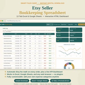 May include: A digital bookkeeping spreadsheet for Etsy sellers featuring a 12-tab Excel and Google Sheets interface with an interactive HTML dashboard. The display shows an order log, financial metrics, line graphs, and a pie chart for expenses.