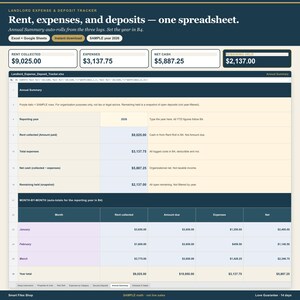 May include: A digital landlord expense and deposit tracker spreadsheet for Excel and Google Sheets. The interface displays an annual summary with fields for rent collected, expenses, net cash, and remaining held, featuring a 2026 sample year.