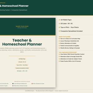 Teacher & Homeschool Planner Printable 32 Pages Fillable PDF