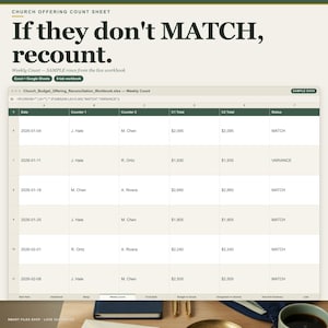 Church Offering Count Spreadsheet | Two-Counter Sign-Off Deposit Log Excel Google Sheets Instant Download