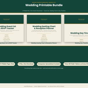 Op de afbeelding: Een digitaal trouw-printbaar pakket met drie invulbare kits: gastenlijst & RSVP-tracker, zitplan & receptieplanner en trouwdag-tijdlijn. Bevat in totaal 93 invulbare pagina's, vijf bestanden en een bijbehorend spreadsheet voor planning.