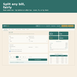 Può includere: Un'interfaccia digitale per l'applicazione Split & Settle, caratterizzata da uno schema di colori verde scuro e crema. Lo schermo mostra campi per i dettagli del conto, inclusi data, luogo, aliquote fiscali e calcoli delle mance.