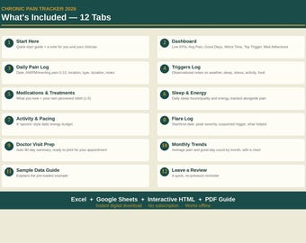 Chronic Pain Daily Tracker Spreadsheet | Symptom Medication Sleep Log Excel Google Sheets Instant Download