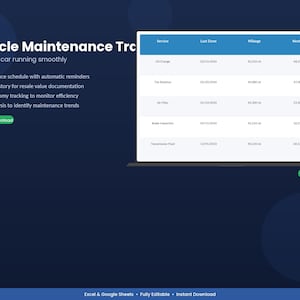 Puede incluir: Un rastreador digital de mantenimiento de vehículos con una interfaz azul y blanca. El rastreador incluye un programa de mantenimiento, historial de servicio y seguimiento del ahorro de combustible. El texto "Vehicle Maintenance Tracker" está en la parte superior.