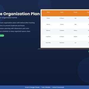 May include: A digital home organization plan displayed on a screen. The plan includes room-by-room organization, inventory tracking, storage solutions, and a maintenance schedule. The plan is fully editable and available for instant download.