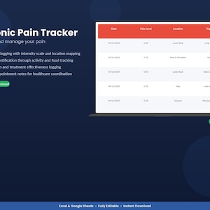 May include: A digital chronic pain tracker displayed on a screen. The tracker includes sections for date, pain level, location, and trigger. The text reads "Chronic Pain Tracker" and "Monitor and manage your pain."