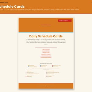 May include: A digital printable kit titled Daily Schedule Cards featuring 56 visual routine cards, pocket charts, sequence strips, and holder templates. The document includes sections for morning, bedtime, after-school, and weekend routines.