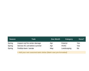 Home Maintenance Tracker Spreadsheet | Seasonal HVAC Warranty Repair Log Excel Google Sheets