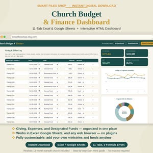 Church Budget & Finance Tracker | Tithes Giving Log Excel