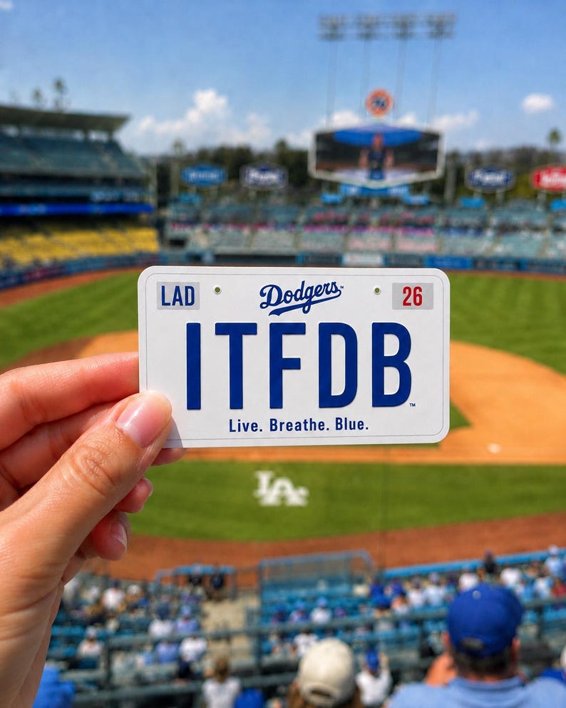 May include: A white rectangular license plate featuring the blue Dodgers logo, the text LAD and 26 in the top corners, the large blue letters ITFDB in the center, and the phrase Live. Breathe. Blue. printed in blue at the bottom edge.