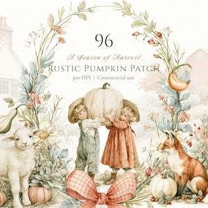 Clipart di campo di zucche, stile cottagecore, acquerello autunnale, animali da fattoria, zucca autunnale, fattoria rustica, libro di fiabe vintage PNG