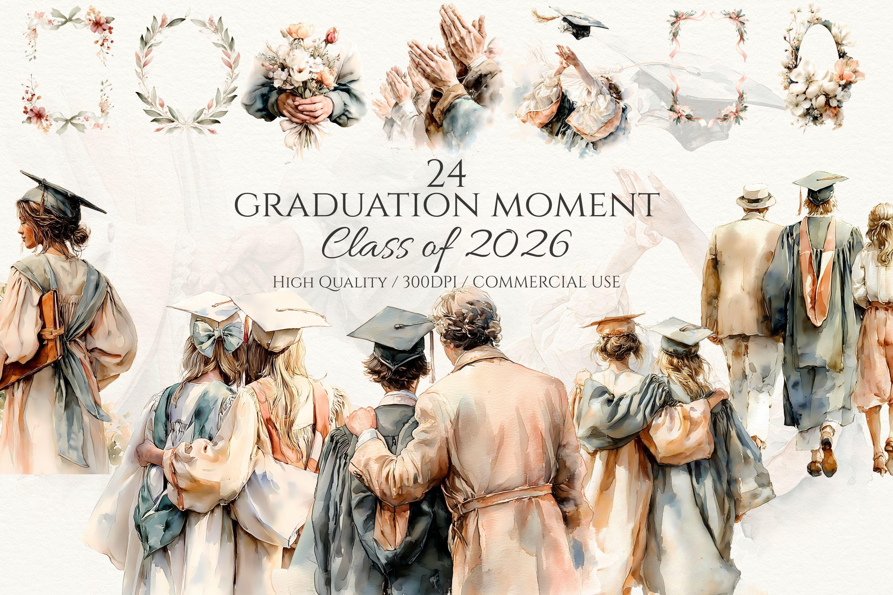 Watercolor Graduation Clipart Bundle Class of 2026 Graduation PNG ...