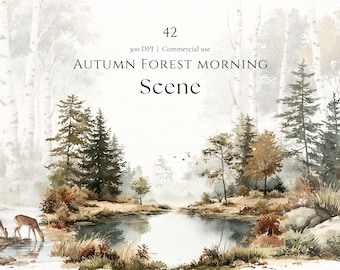 Autumn Forest Scene Clipart Watercolor Woodland Clipart Fall Forest Landscape Nature Illustration Forest background Commercial Use PNG