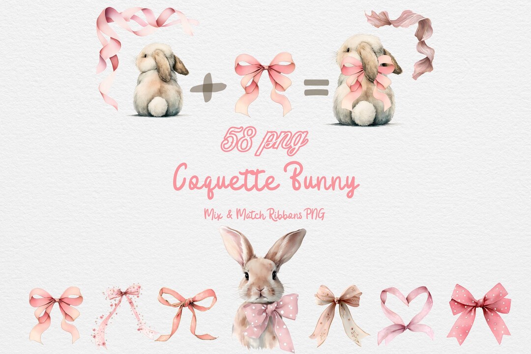 Coquette Bunny Clipart, Watercolor Rabbit PNG, Mix and Match Pink ...