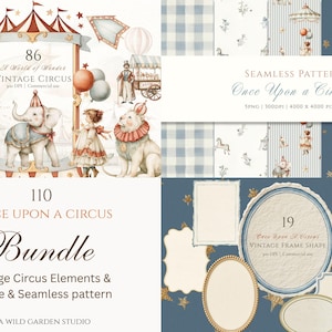 May include: A digital design bundle titled 110 Once Upon a Circus featuring vintage circus illustrations of animals, children, hot air balloons, and tents. Includes seamless patterns with blue gingham and star motifs, plus 19 decorative frames.