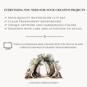 May include: Cream-colored graphic with text: "EVERYTHING YOU NEED FOR YOUR CREATIVE PROJECTS." Includes bullet points for high-quality watercolor clip art, transparent background, unique artwork, and attention to detail. A watercolor illustration of a tree archway is at the bottom.
