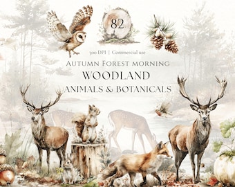 Woodland Animals png Forest Animals clipart Bundle Watercolor Woodland Animals Autumn Botanical Clipart Forest Plants PNG Commercial Use
