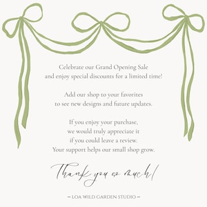 May include: Cream-colored graphic with sage green ribbon-like design at the top. Text reads "Celebrate our Grand Opening Sale" and "Thank you so much!" with shop details at the bottom.