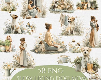 Watercolor Dog Mom Clipart Cozy Cottagecore Dog Lover PNG Digital Download Puppy and Flowers Clip Art Dog Mom Gift Dog Mom Decor Dog Scene
