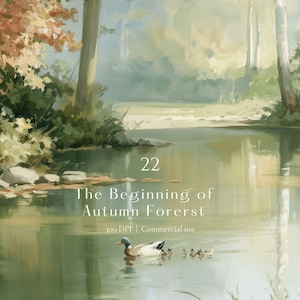 Può includere: Un dipinto digitale di un fiume calmo in autunno con alberi nelle tonalità del verde e dell'arancione. Un germano reale nuota con i suoi anatroccoli nell'acqua. Il testo recita: 22 The Beginning of Autumn Forerst 300 DPI | Commercial use.