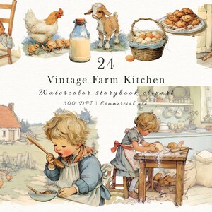 Könnte beinhalten: Aquarell-Clipart-Set mit dem Titel "Vintage Farm Kitchen" mit Illustrationen von Hoftieren, Kindern und Küchenszenen. Enthält einen Hund auf einem Stuhl, eine Henne mit Küken, eine Ziege, einen Korb mit Eiern und ein Kätzchen.
