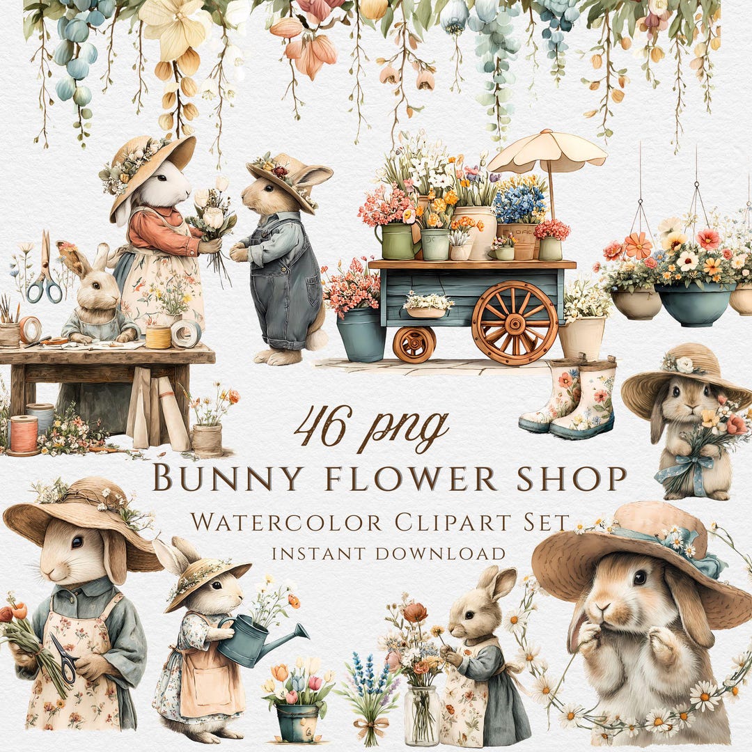 Watercolor Bunny Clipart PNG, Bunny Flower Shop Clipart Set, Spring ...