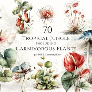 May include: Watercolor illustration featuring a variety of tropical jungle plants, including carnivorous plants. The image includes vibrant red, white, and green flowers, mushrooms, and foliage. Text reads "70 Tropical Jungle Including Carnivorous Plants."