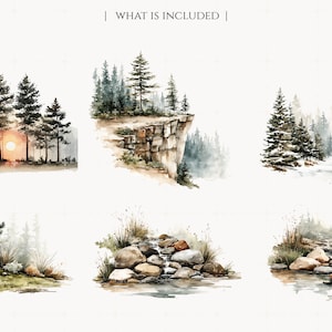 May include: Watercolor illustrations of forest scenes, including a sunset through trees, a cliffside, and snowy landscapes. The images feature evergreen trees, rocks, and water, with a soft, muted color palette.