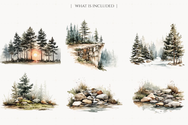 May include: Watercolor illustrations of forest scenes, including a sunset through trees, a cliffside, and snowy landscapes. The images feature evergreen trees, rocks, and water, with a soft, muted color palette.