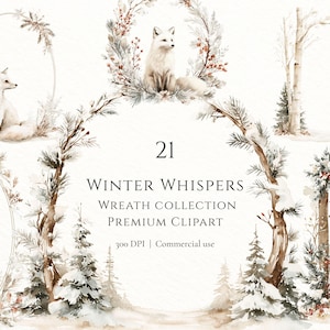 Könnte beinhalten: Eine digitale Sammlung von 21 Aquarellillustrationen mit dem Titel Winter Whispers Wreath Collection Premium Clipart 300 DPI Commercial use. Das Set enthält weiße Füchse, Hirsche, verschneite Kiefern, Birken und Kränze mit roten Beeren.