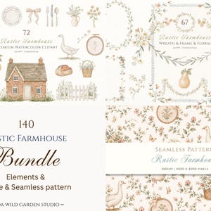 Puede incluir: Una colección digital de ilustraciones en acuarela que presenta animales de granja, una casa de ladrillo, coronas florales, marcos y patrones sin costuras. El texto incluye 72 Rustic Farmhouse Premium Watercolor Clipart, 67 Wreath & Frame & Floral y 140 Rustic Farmhouse Bundle Elements & Frame & Seamless pattern.