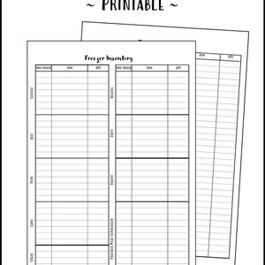 Puede incluir: Hojas de inventario de congelador imprimibles en blanco y negro. La hoja superior dice "Freezer Inventory ~ Printable" en una fuente manuscrita. Las hojas están diseñadas para rastrear alimentos congelados.