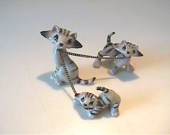 Vintage 1960's miniature bone china family of gray tabby cats on chain