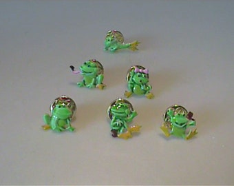 Six vintage 1970's unused metal push pin novelty frog variety