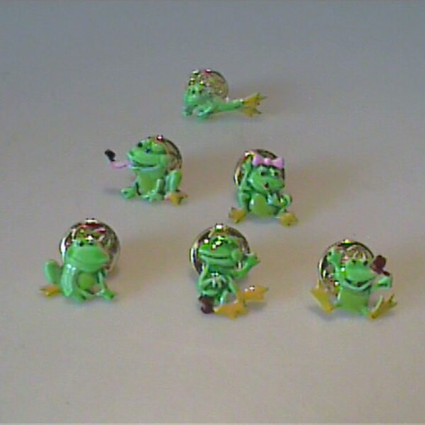 Six vintage 1970's unused metal push pin novelty frog variety