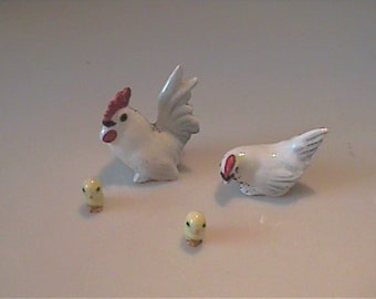 Vintage 1960's  miniature Hagen Renaker white rooster, chicken and two chicks