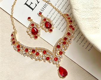Teardrop Crystal Statement Jewelry Set, Gold Tone Formal Necklace and Earrings Set for Women