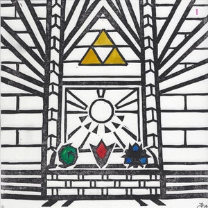 May include: Black and white illustration of a doorway with a yellow triangle symbol above it. The doorway is framed by brick walls and has a sunburst design inside. There are three colored symbols below the sunburst: green, red, and blue.