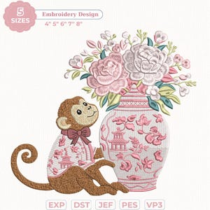 May include: An embroidery design featuring a monkey in a pink jacket with a bow tie, sitting next to a vase filled with pink flowers. The vase has a pink floral design. The design is available in 5 sizes: 4", 5", 6", 7", and 8".