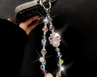 Elegante correa rosa para teléfono con cuentas y dije de corona - Accesorio de moda