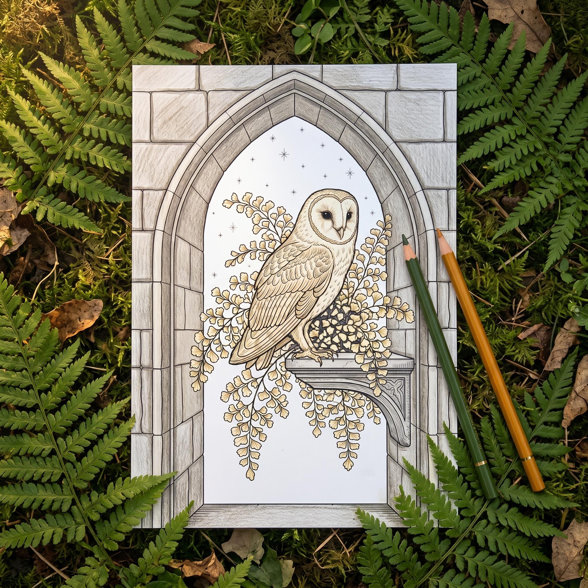 Barn Owl Gothic Coloring Pages PDF — Dark Botanical Fern Printable Download