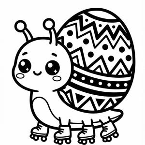 Kawaii kleurplaat Pasen afdrukbaar | Chibi-slak op rolschaatsen | Kinderen, volwassenen, pdf, png Direct downloaden