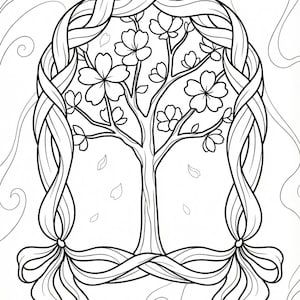 Cherry Blossom Coloring Page Printable | Macrame Rope Oval Boho Adult Art | PDF PNG Instant Download