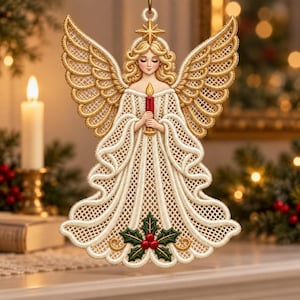 Può includere: Un angelo decorativo da appendere con un intricato ricamo color crema, grandi ali cucite in oro e una stella dorata sopra la testa. La figura tiene in mano una candela rossa e presenta un motivo di foglie di agrifoglio verdi e bacche rosse.